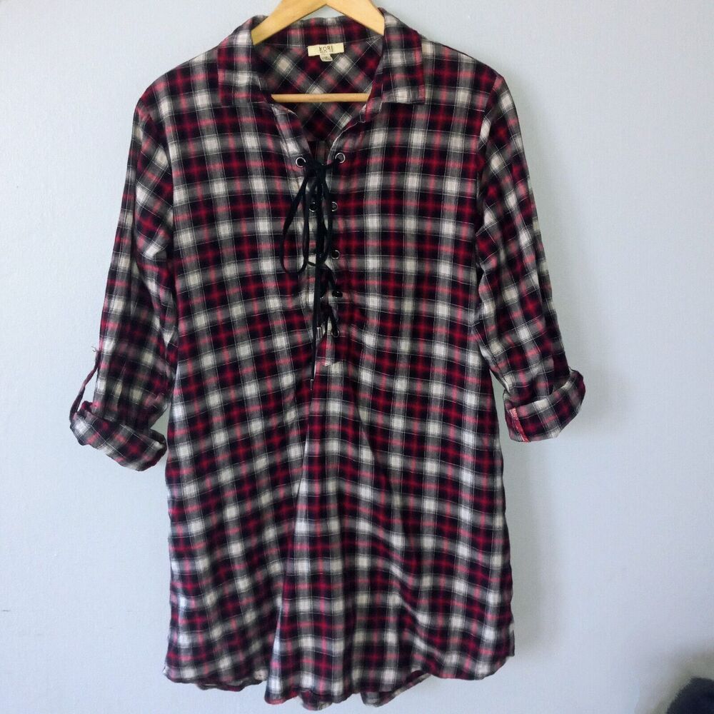 Kori America Medium Plaid Tunic Dress-Collared-Pockets-Lace Up Bodice-Roll Tab